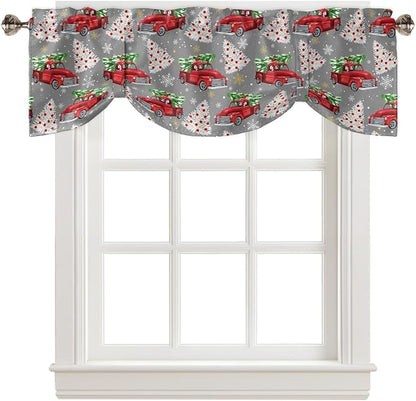 Red Truck Christmas Blackout Tie Up Valance Curtains for Kitchen Windows Merry Christmas Tree Window Toppers Balloon Shades for Living Room/Bathroom/Bedroom,1 Panel, 60" X 18", Winter Snowflake Grey