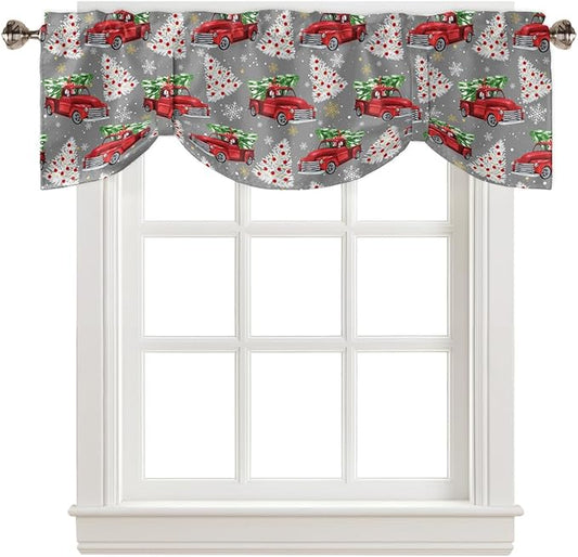 Red Truck Christmas Blackout Tie Up Valance Curtains for Kitchen Windows Merry Christmas Tree Window Toppers Balloon Shades for Living Room/Bathroom/Bedroom,1 Panel, 42" X 12", Winter Snowflake Grey