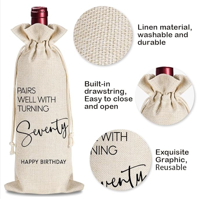 70th Birthday Gifts for Women Men, 70 Years Old Birthday Wine Bag, 70th Birthday Decorations, Happy 70th Birthday Party Wine Bag Gifts, Pairs Well With Turning 70, 1 Wine Bag With 1 Birthday Card