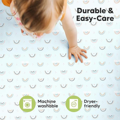 2-Pack Mini Crib Sheets Fitted, Pack and Play Sheets - Organic Cotton Pack N Play Sheets for Pack and Play Mattress, Playard Baby Crib Sheets, Jersey Crib Sheets Neutral for Boys (Jolly Rainbow)