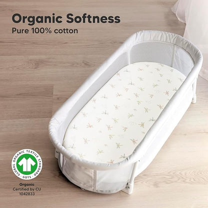 2-Pack Organic Bassinet Sheets for Girls, Boys - 100% Cotton Bassinet Mattress Sheets Compatible with Halo Bassinest Swivel Sleeper, Graco, Baby Delight, Chicco, Unisex Fitted Bassinet Sheets (Meadow)