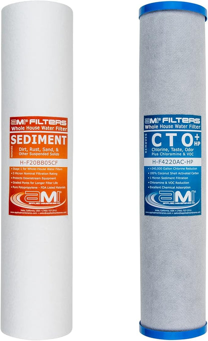 APPLIED MEMBRANES INC. Whole House Water Filter Replacement Filter Cartridge Set | 2 Stage 4.5” x 20” Sediment and Carbon Block Filters | Fits 20-inch Housings