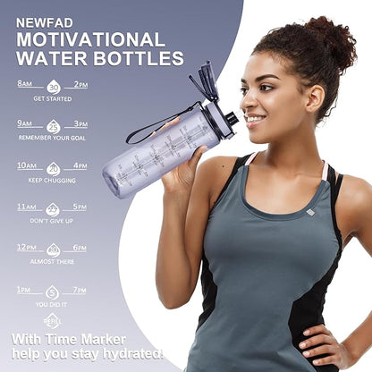 32 oz Water Bottle with Detachable Straw, Clear Motivational Water Bottles with Time to Drink, Tritan & BPA Free Sports Water Jug with Time Marker, Upgraded handle design