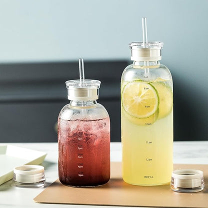 Glass water bottle With Time Marker -24oz with 2 caps and straw,Reusable Glass Drinking Bottles，Suitable For Drinks, Juices, Sodas, Coke, As Gifts Etc (24oz)
