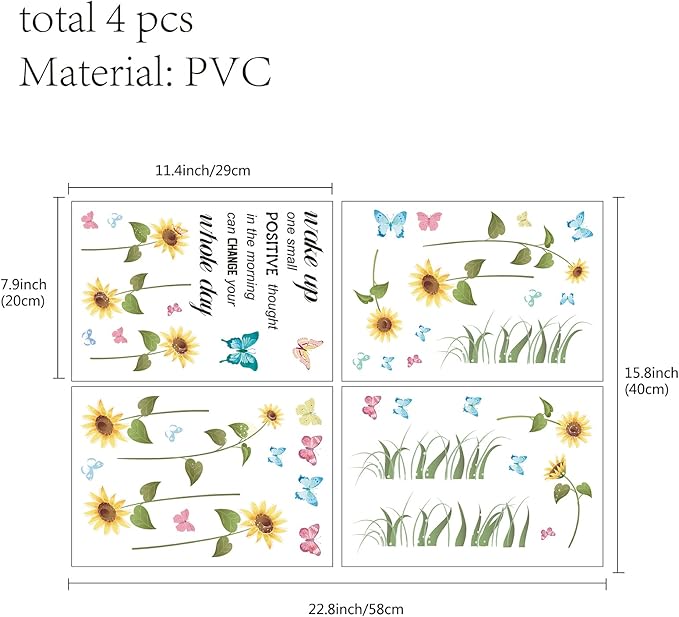 CREATCABIN 4pcs Sunflower Vinyl Wall Decals Butterfly Inspirational Quotes Wall Stickers Self-Adhesive Peel and Stick Watercolor Mural Decoration for Bedroom Living Room Kitchen Wardrobe Door Playroom