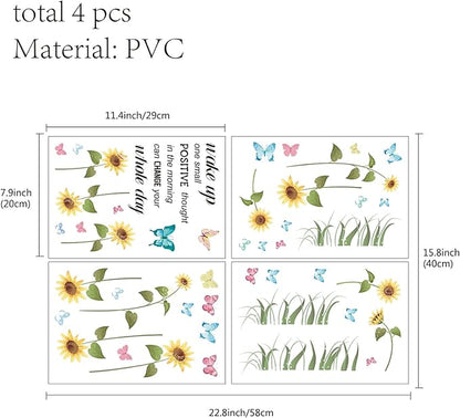 CREATCABIN 4pcs Sunflower Vinyl Wall Decals Butterfly Inspirational Quotes Wall Stickers Self-Adhesive Peel and Stick Watercolor Mural Decoration for Bedroom Living Room Kitchen Wardrobe Door Playroom