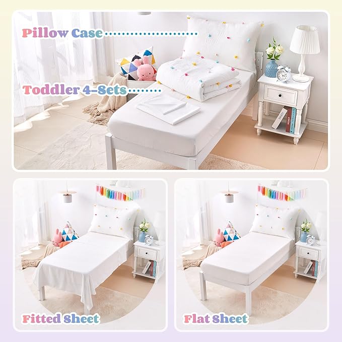 4 Piece White Boho Toddler Bedding Sets for Girls Colorful Pom Pom Comforter Set Jacquard Tufted Dot Crib Bed Sheets Set for Baby Bed in a Bag, Include Comforter, Flat Sheet, Fitted Sheet, Pillowcase