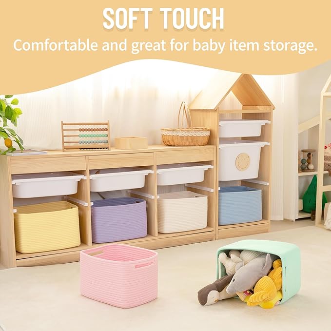 4 Pack Storage Baskets for Organizing Toys, Towels, and Clothes, Woven Basket for Shelves, Sturdy Nursery Cube Bins for Storage, 13''L x9''W x7.8''H, White