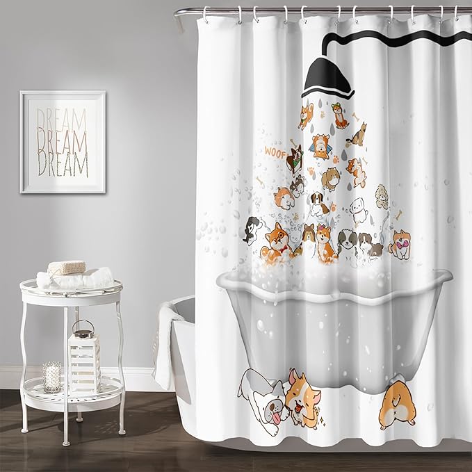 AILONEN Cute Corgi Shower Curtain for Kids 60" W*72" H Inch,Cartoon Dog Funny Animals Nursery Lovely Hilarious,12 Pack Hooks Polyester Waterproof Fabric Decor for Bathroom Bathtub Panels
