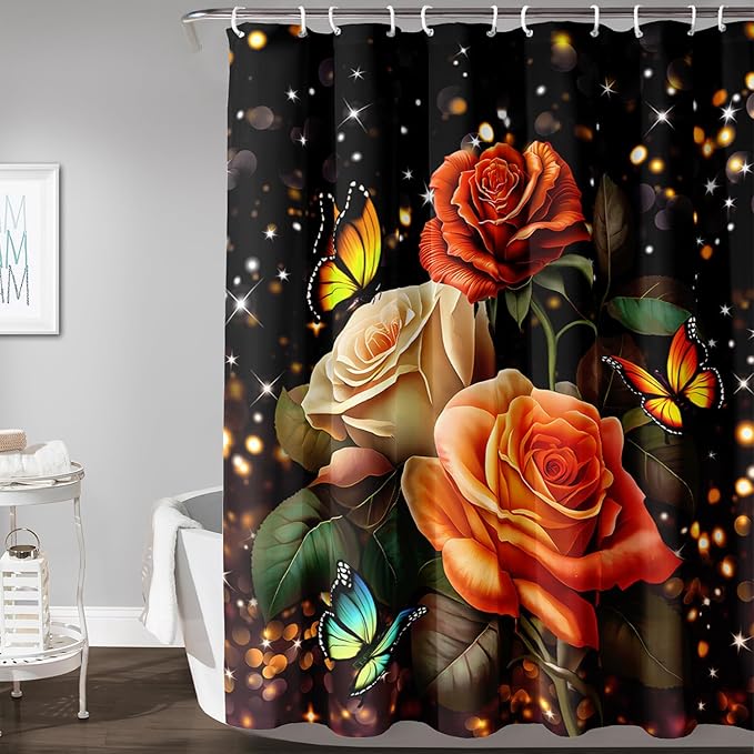 AILONEN Rose Flower Shower Curtain for Bathroom, Glitter Starry Flower Print Bath Curtain,Modern Botanical Floral Butterfly Waterproof Shower Curtain Decoration with 12 Plastic Hooks, 72" W*84" H