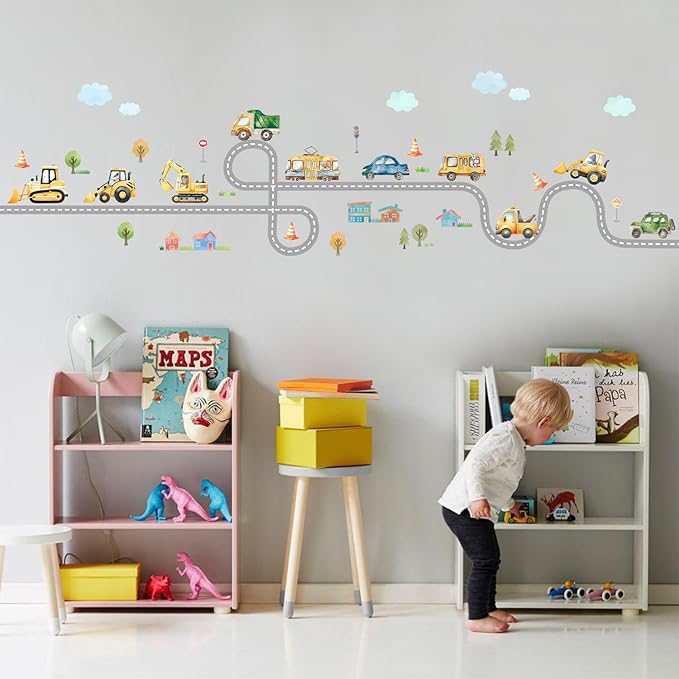 Kids Car Road Wall Decals Truck Pictures for Toddler Walls 43PCS Transports and Road Wall Stickers Wallpaper Peel and Stick Daycare Traffic Signal Wall Art Excavator Wall Decal for Playroom Nursery