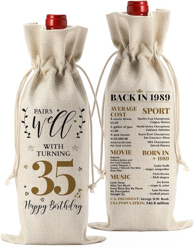 35th Birthday Gifts for Women Men Funny Wine Bag 35th Birthday Decorations Party Favors Happy Anniversary 35 Year Old Gifts Ideas for Mom Her Wife Woman Sister Coworker Wine Gift Bag