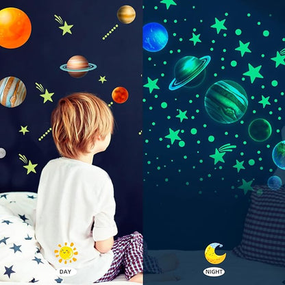NICENEEDED Glow in The Dark Planets Stars Wall Decal, 435 PCS Star Ceiling Stickers with 10 PCS Planet Stickers, Self-Adhensive Luminous Sticker Decals for Bedroom Decoration