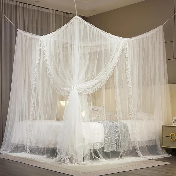 4 Corners Post Princess Curtain Bed Canopy Lace Up Double Layer 4 Opening Mosquito Net Mesh for Girls Bedroom Decoration(White, 78" W*86" L*82" H/King)