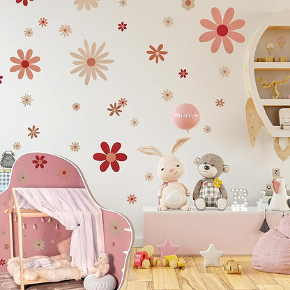 40pcs Daisy Wall Decals Boho Cute Vinyl Wall Decor Peel and Stick Floral Stickers for Girls Kids Nursery Bedroom Playroom Classroom Living Room Wall Art (4 Sheets, Classic)