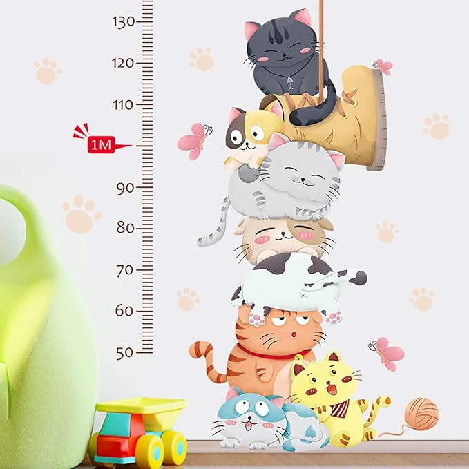 Height Measurement Growth Chart Wall Stickers Cartoon Cute Cat Wall Decals Peel and Stick Removable Wall Stickers for Kids Nursery Bedroom Living Room Decor