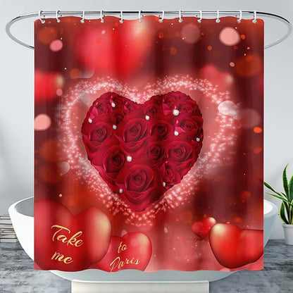 AILONEN Red Rose Hearts Printed Shower Curtain,Romantic Rose Lover Couple Bath Curtain,Fantasy Love Hearts Red Curtain for Bathroom Decor 72" W x 72" H,Waterproof