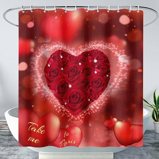 AILONEN Red Rose Hearts Printed Shower Curtain,Romantic Rose Lover Couple Bath Curtain,Fantasy Love Hearts Red Curtain for Bathroom Decor 72" W x 72" H,Waterproof