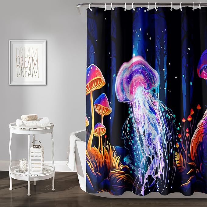AILONEN Beautiful Jellyfish Shower Curtain,Magic Mushroom Waterproof Fabric Bath Curtain for Kids Girls,Boho Style Mysterious Planet Shower Curtain Set for Bathroom, 72" W*96" H