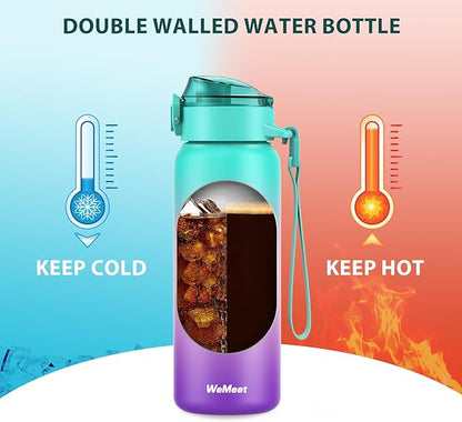 32oz Water Bottle with Removable Straw and Spout Lid Two Ways to Drink, 18/10 Stainless Steel Insulated Water Bottle, BPA-Free, Leak Proof, Double wall, for Sports, Gym