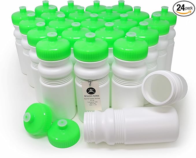 Rolling Sands 20 Oz Sports Water Bottles 24 Pk, BPA-Free, Made in USA, Dishwasher Safe, White Bottles/Neon Lime Green Lids