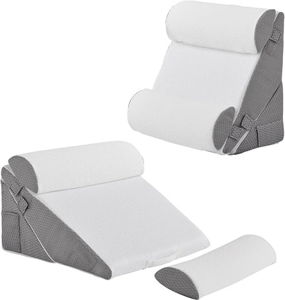 Adjustable 4pcs Bed Wedge Pillow Set, Memory Foam Wedge Pillow Post Surgery for Back, Neck, Leg Pain Relief, Pillow Wedge for Sleeping, Sitting up in Bed, Acid Reflux and GERD, White/Grey
