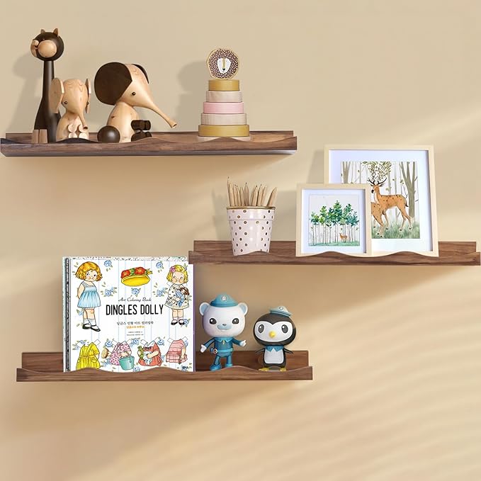 AZSKY Nusery Book Shelves for Kids, Picture Ledge Shelf for Wall Decor and Storage, Floating Photo Shelves with Lip for Picture Frames (Walnut, 23.6 Inches)