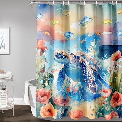AILONEN Sea Turtle Shower Curtain,Watercolor Sea Turtle Bath Curtain for Girls Girls,Ocean Animal Fish Tie Dye Flower Shower Curtain for Bathroom Decor Waterproof with 12 Plastic Hooks, 48" W*72" H