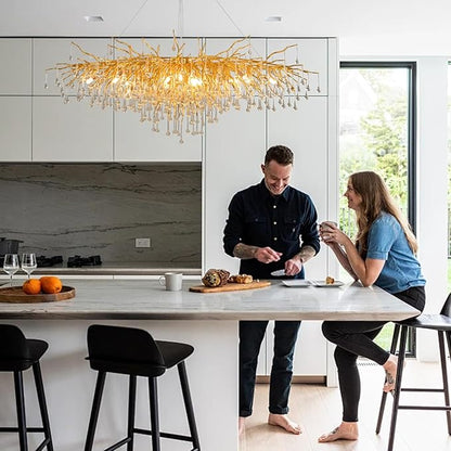 70.87 Inch Modern Gold Crystal Chandeliers, Large Branch Raindrop Chandelier,Rectangle Chandelier Lighting Fixture 19-Light for Foyer Entryway High Ceiling Dining Room, Living Room