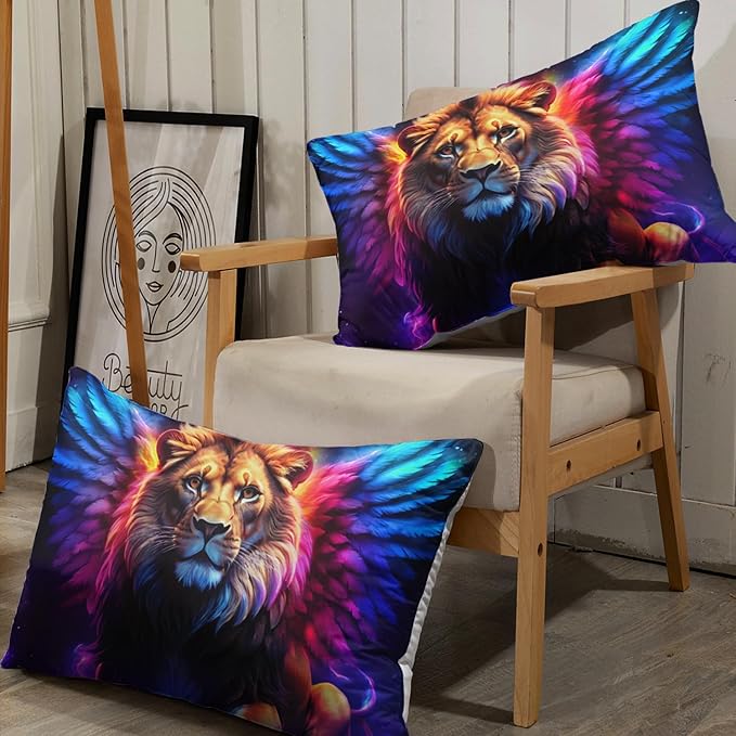 AILONEN Lion Fitted Sheet Set Twin Size, 3 Pieces Printed Evening Starry Wings Lion Bed Sheet Set,Colorful Tie Dye Rainbow Fitted Sheet with 2 Pillowcases