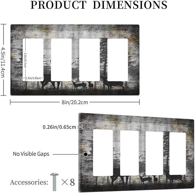 Rustic Deer Forest Vintage Wood Board 4 Gang Rocker Decora Boho Light Switch Cover Decorative Country Unique Outlet Covers Wall Plate Electrical Faceplate Switchplate GFCI for Farmhouse