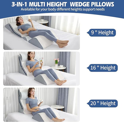 4Pcs Orthopedic Bed Wedge Pillow Set with 4Pcs Replacement Pillowcase, Incline Wedge Pillow for Back Pain Relief/Sleeping/Snoring/Post Surgery/Leg Elevation 20-in-1 Adjustable Memory Foam Wedge Pillow