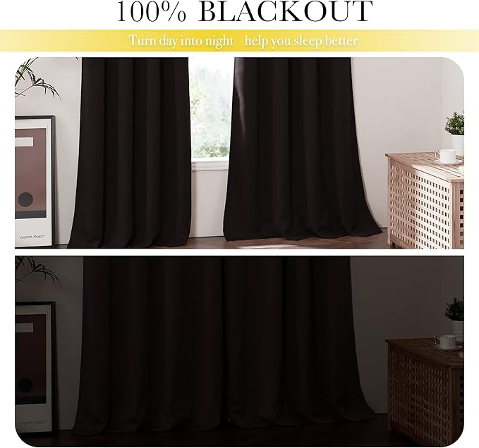 NICETOWN 100% Blackout Window Curtain Panels, Full Light Blocking Drapes with Same Color Liner for Nursery, 72 inches Drop Thermal Bedroom Drapes Curtains (Brown, 2 Pieces, 52 inches Wide Per Panel)