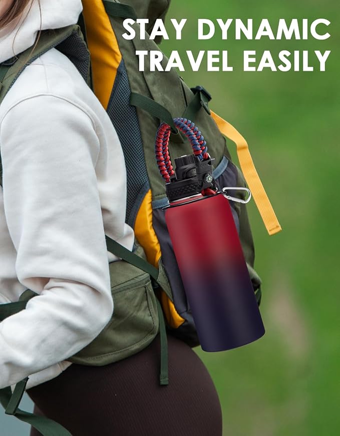 32oz Insulated Water Bottle Flask - Cold-48h & Hot-24h, Stainless Steel Water Bottle Hydro Cup with Paracord Handle, Straw & Spout Lids, Strap Carrier Bag, Meta Water Bottle for Sports Fitness Hiking