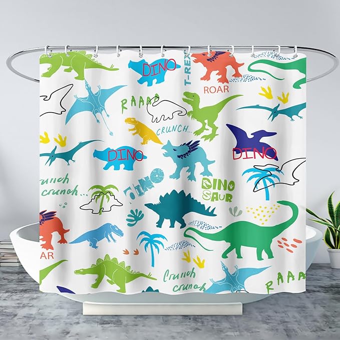 AILONEN Cartoon Dinosaur Shower Curtain for Kids Boys 72" W*72" H Inch,Colorful Dinosaur Pattern Shower Curtain,12 Pack Hooks Polyester Waterproof Fabric Decor for Bathroom