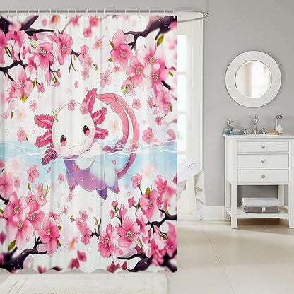 Feelyou Boys Girls Cute Axolotl Bathroom Shower Curtain Set Cartoon Salamander Bath Curtain Ocean Sealife Shower Curtain Kids Kawaii Teens Bathroom Accessories Room Decor 72"x84"