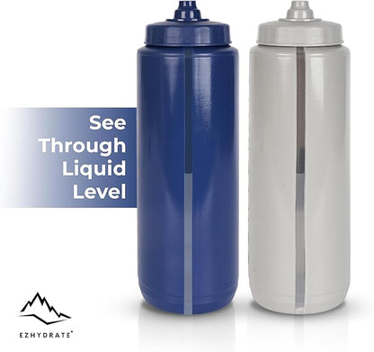 2 Pack Blue + Grey 32oz Squeeze Water Bottles - Sports Water Bottles For Football, Hockey, Athletic Training,Bike & Cycling - Reusable Squirt Bottle Set, BPA-Free, Perfect for Gym, Travel