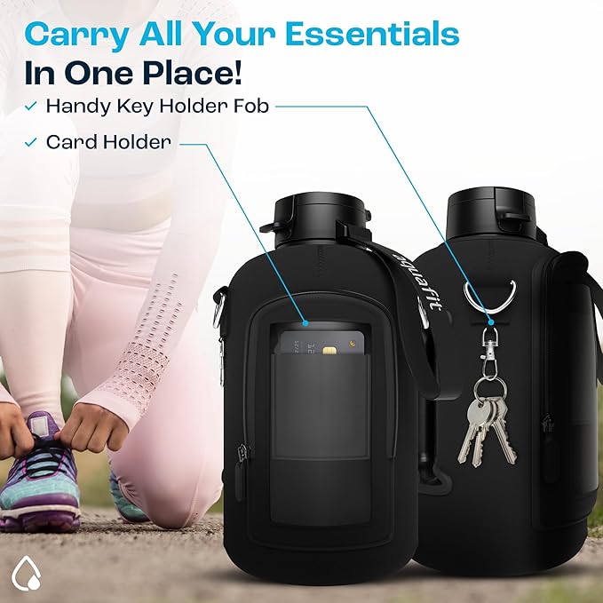 AQUAFIT 1 Gallon Jug Sleeve, Neoprene Water Bottle Bag with Adjustable Shoulder Strap and Pocket, 128 oz Water Bottle Sling Bag, Water Bottle Carrier Bag (Sleeve Only - No Bottle, Black)