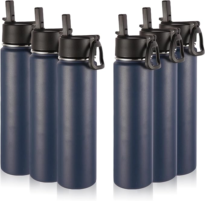 Volhoply 24oz Insulated Water Bottle With Straw Bulk 6 Pack,Metal Wide Mouth Water Bottles With Handle Lid Keep Cold,Reusable Double Wall Thermos,Powder Coated Sport Bottle For Holder(Navy,6 Count)