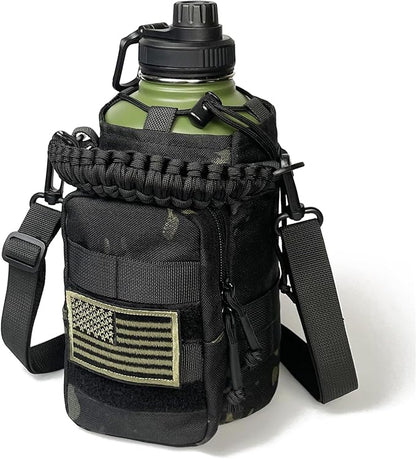 64 Oz Water Bottle with Sleeve - Military Green Half Gallon Insulated Water Jug with Handle - Stainless Steel Sports Bottle for Gym Workout Hiking Camo Black Pouch