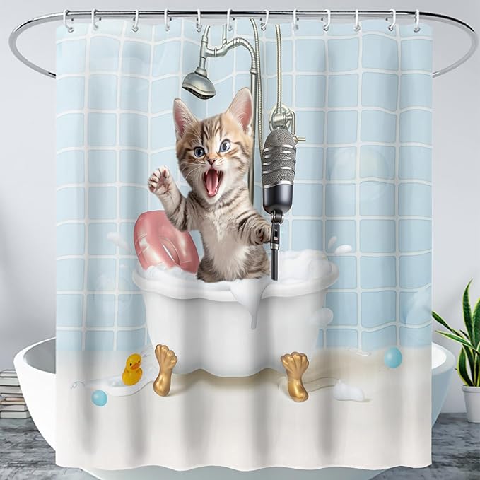 AILONEN Cute Shower Cat Shower Curtain for Kids Boys,Funny Singing Cat Waterproof Fabric Shower Curtain for Bathroom,Cartoon Bathing Kitten Animal Shower Curtain Set with Hooks,72" W*72" H