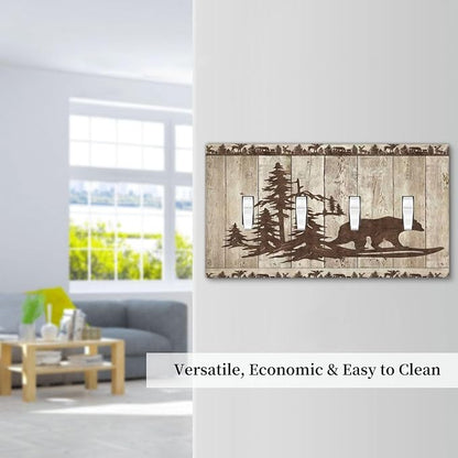 Rustic Wood Bear Forest Quad Toggle Light Switch Cover Decorative Vintage Antique Cabin 4 Gang Wall Plate Electrical Faceplate Switchplate for Farmhouse Bathroom Bedroom Living Room Decor