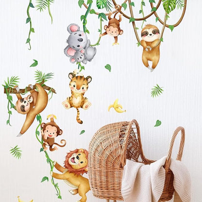 Lion Monkey Sloth Koala Tiger Wall Stickers Jungle Animals Climbing Tree Wall Decals Peel and Stick Wall Art Decals for Kids Bedroom Baby Nursery Living Room Playroom Boys Girls Bedroom