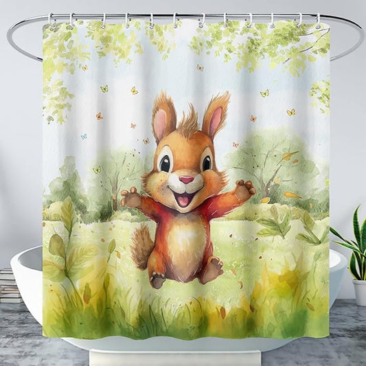 AILONEN Cartoon Cute Squirrel Shower Curtain,Kawaii Squirrel Bathroom Curtains for Kids,Girls,Tie Dye Tree Shower Curtains Set with Hooks for Bathroom,60" W*72" H