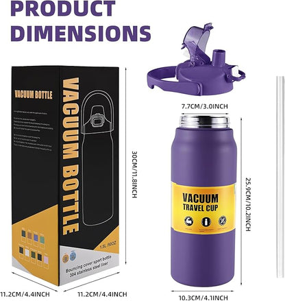 50oz/1.5L Insulated Sports Water Bottle, Stainless Steel Double Wall Water Jug with Handle, 2-in-1 Chug Spout and Straw Lid with Lock Cover for School, Outdoor, Sports & Travel, Purple