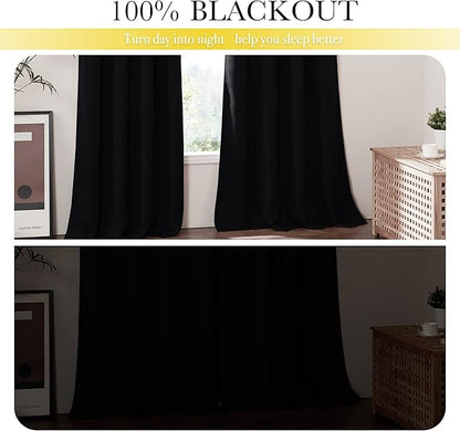 NICETOWN 100% Blackout Curtains 45 inches Length, 2 Thick Layers Completely Blackout Window Treatment Thermal Insulated Lined Drapes for Basement Window (Black, 1 Pair, 52 inches Width Each Panel)