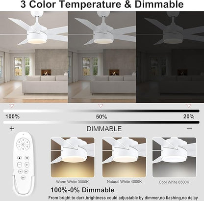 44 inch White Ceiling Fan with Lights and Remote Control, Dimmable Ceiling Fans with Lights,3-Color, Quiet Reversible 6-Speed, Wood Modern Ceiling Fan for Bedroom, Living Room, Dining Room