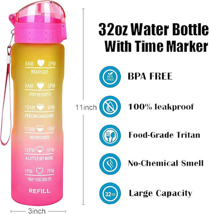 XACIOA Water Bottle with Straw,32oz Plastic Cup with Motivational Time Marker,1L Tritan Sport Lightweight Leakproof BPA-Free,Wide Mouth Fast Flow Ensure You Have Times to Drink,with Straw & Cup Brush