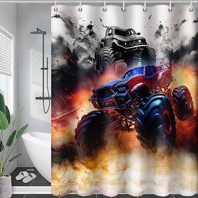AILONEN Boys Monster Truck Shower Curtain for Bathroom, Watercolor Truck Bath Curtain,Cartoon Truck Shower Curtain for Kids Teen,Waterproof Curtain Bathroom 72" W*78" H Decor with 12 Plastic Hooks
