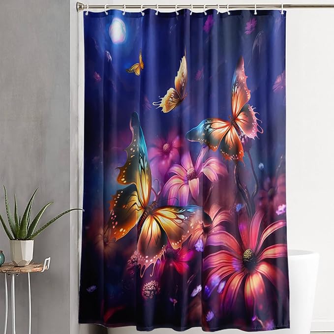 AILONEN Beautiful Butterfly Shower Curtain for Kids Girls Boys, Colorful Butterfly with Flower Bath Curtains for Bathroom,Boho Style Natural Plants Shower Curtain Set with Hooks,72" W*96" H